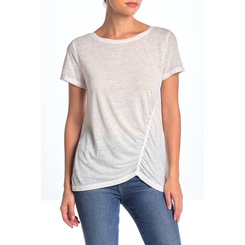 Susina Women's Ruched Burnout T-Shirt Round Neck In White Snow Size S